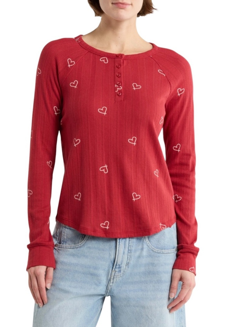Lucky Brand Heart Print Pointelle Long Sleeve Cotton Blend Henley Top NWT XS